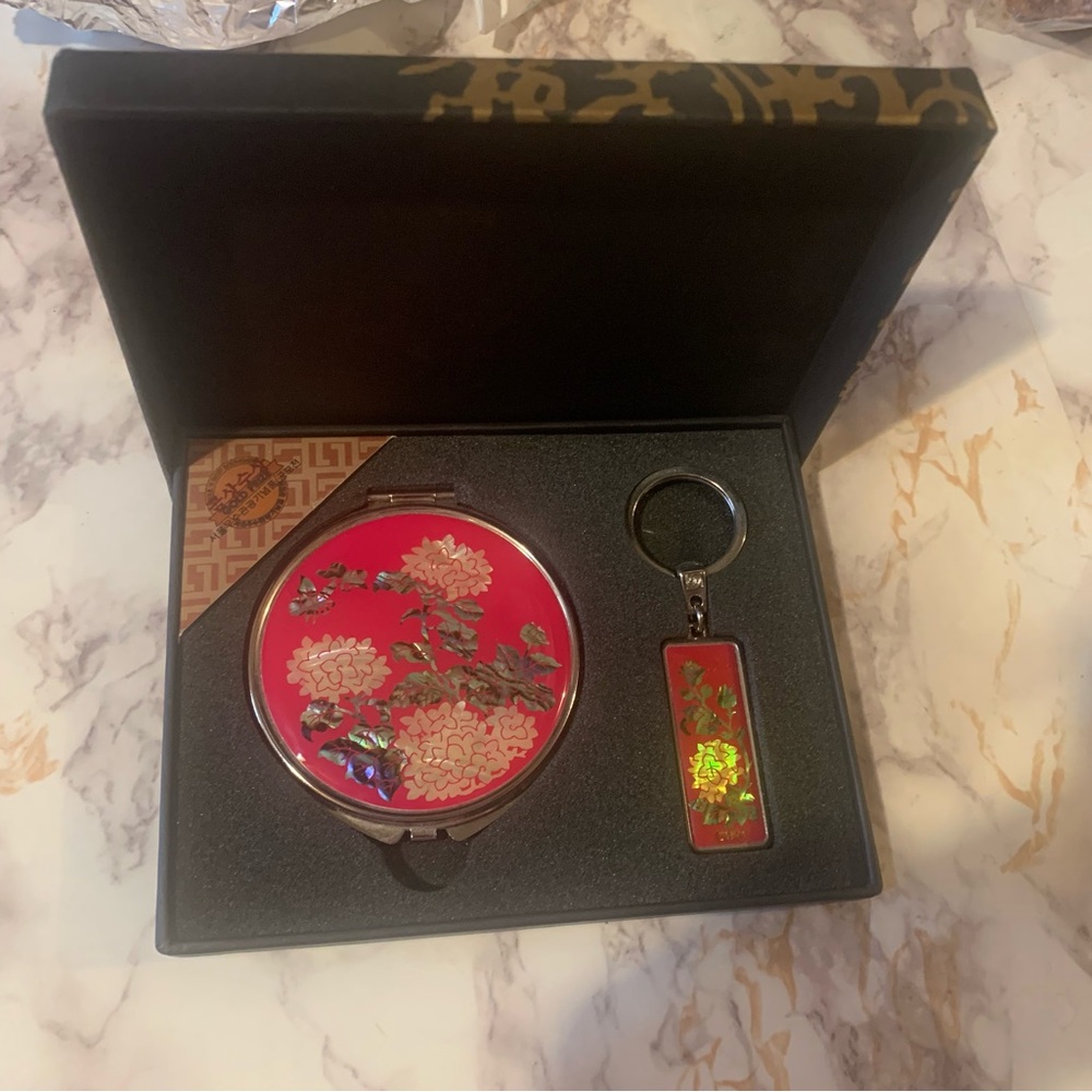 Compact Mirror And Keychain Set With Mother Of Pe… - image 1
